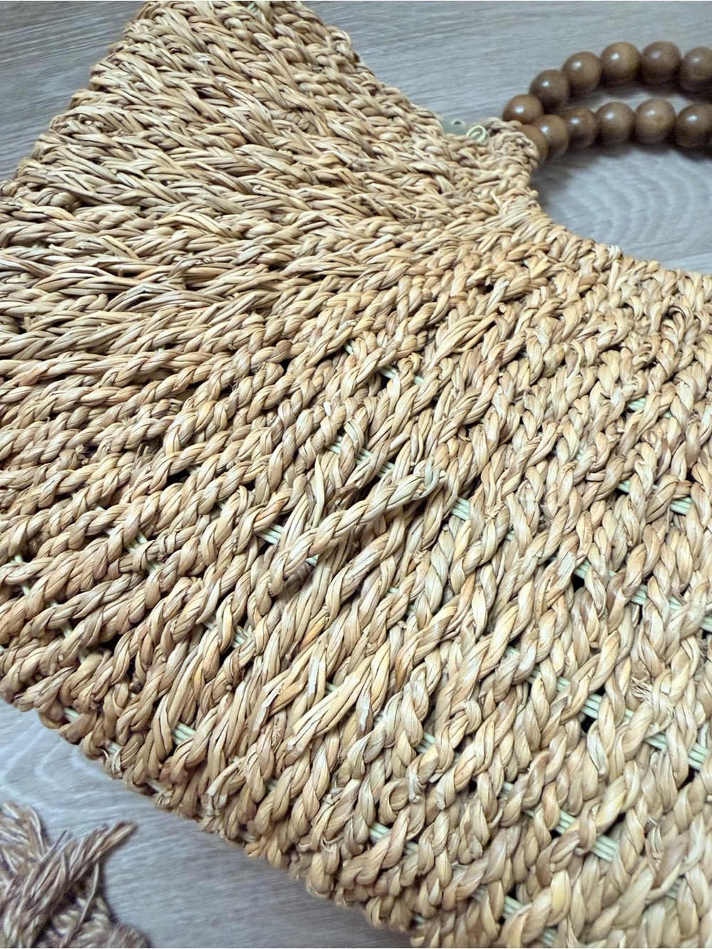 Large Handwoven Straw Tote | Wooden Bead Handles | Boho Beach Bag - Picture 4 of 5
